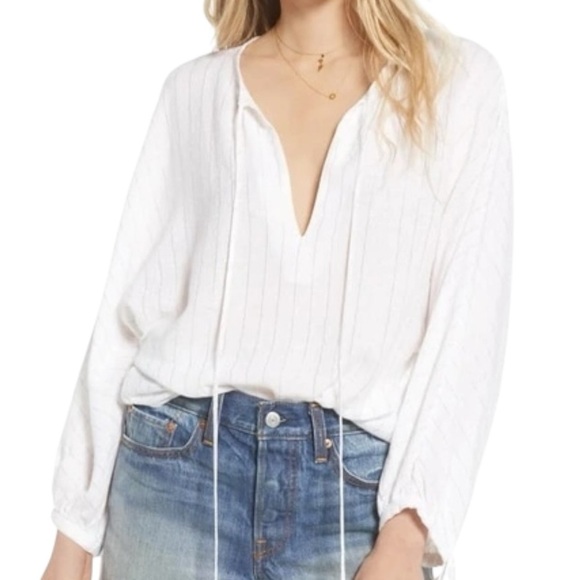 RAILS Finn Striped Linen Long Sleeve Top in Rose Gold Metallic | White Blouse S - Picture 7 of 7